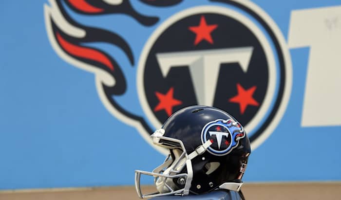 View of the Tennessee Titans new helmet during minicamp at Saint Thomas Sports Park.